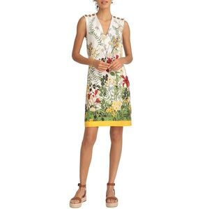 London Times Botanical border printed linen v-neck shift